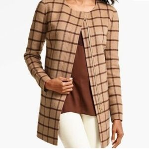 Talbots Women's Tan And Brown Striped Houndstooth Wool Coat Size Small Petite